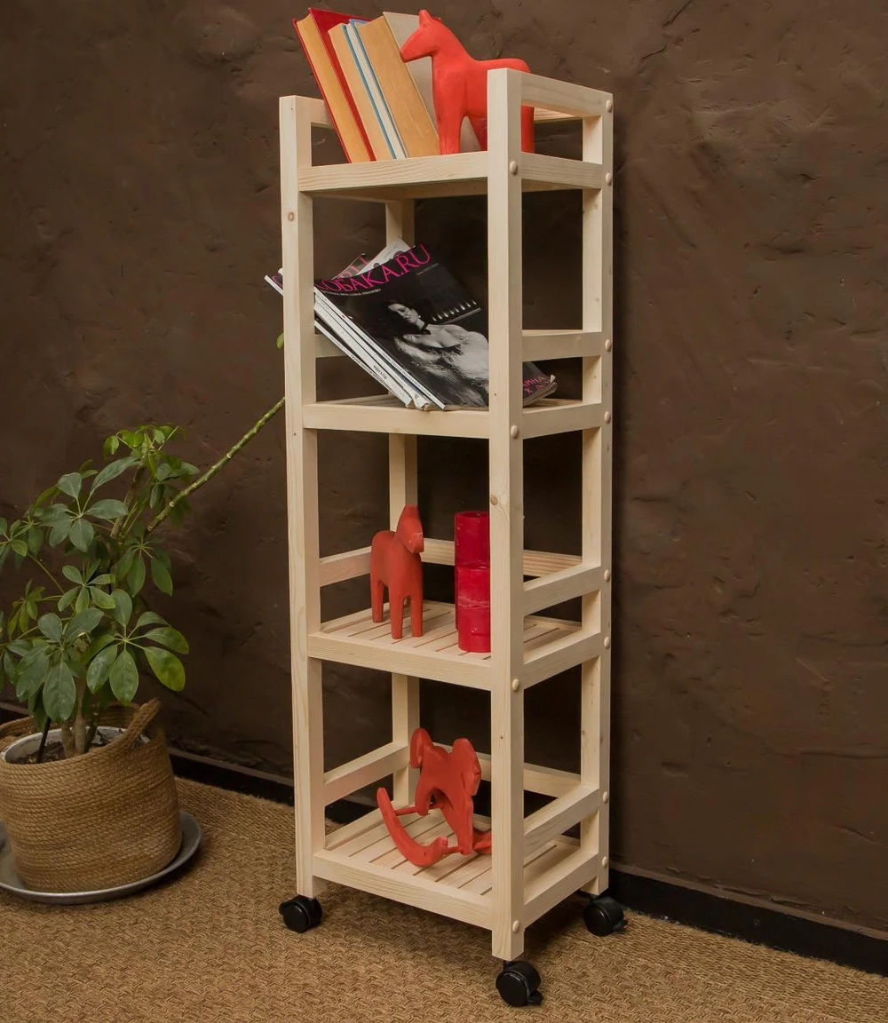 Деревянные стеллажи, тумбочки, этажерки на колесиках